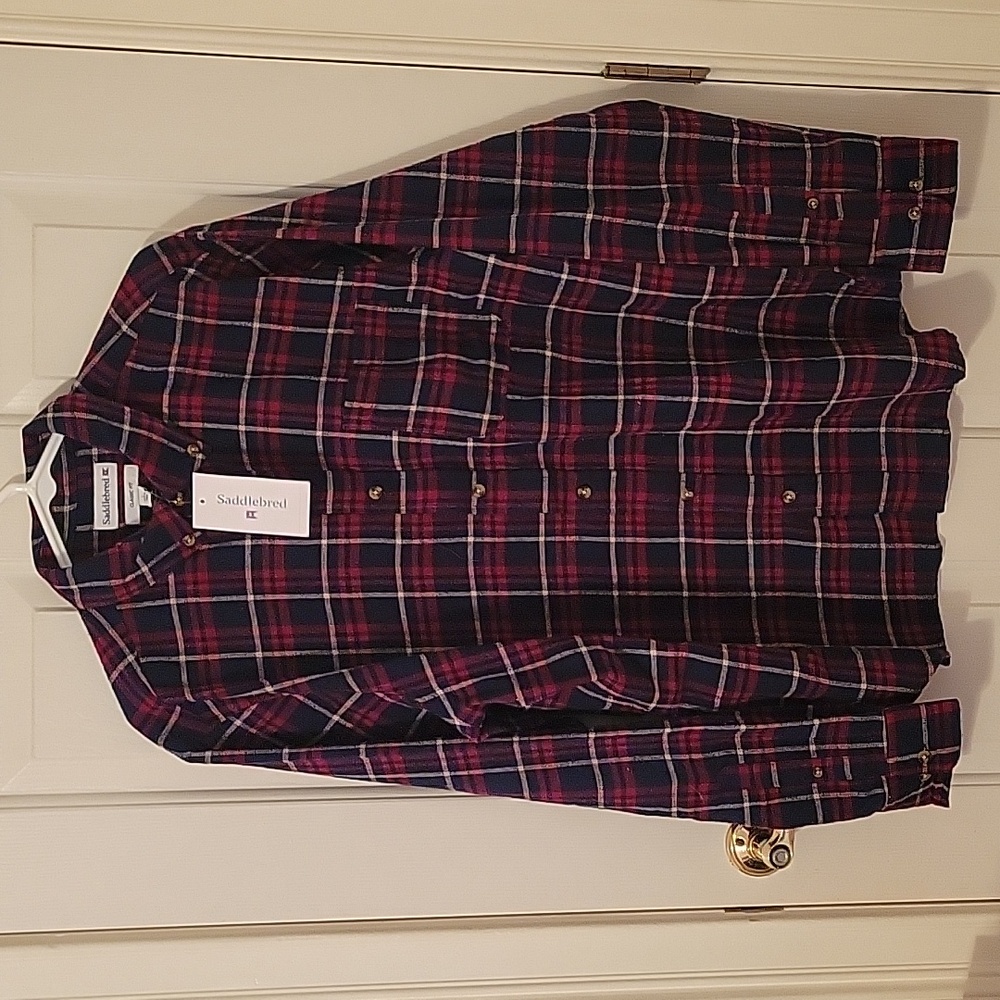 Men's Saddlebred Flannel Button Down Shirt. Size L. NWT. Navy, Red & Tan.